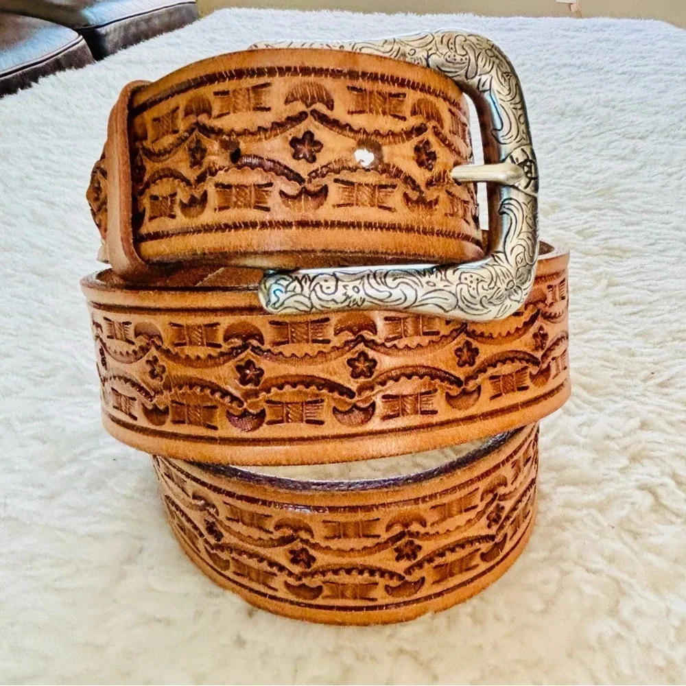 Vintage Embossed Leather Belt with Silver Buckle size 42